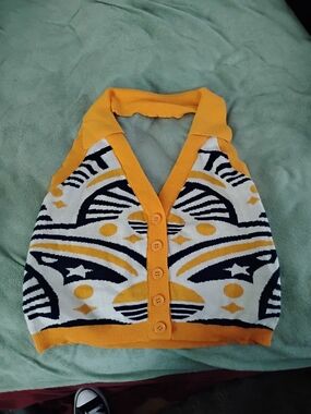 Oxknit Yellow Patterned Button-Front Halter Vest